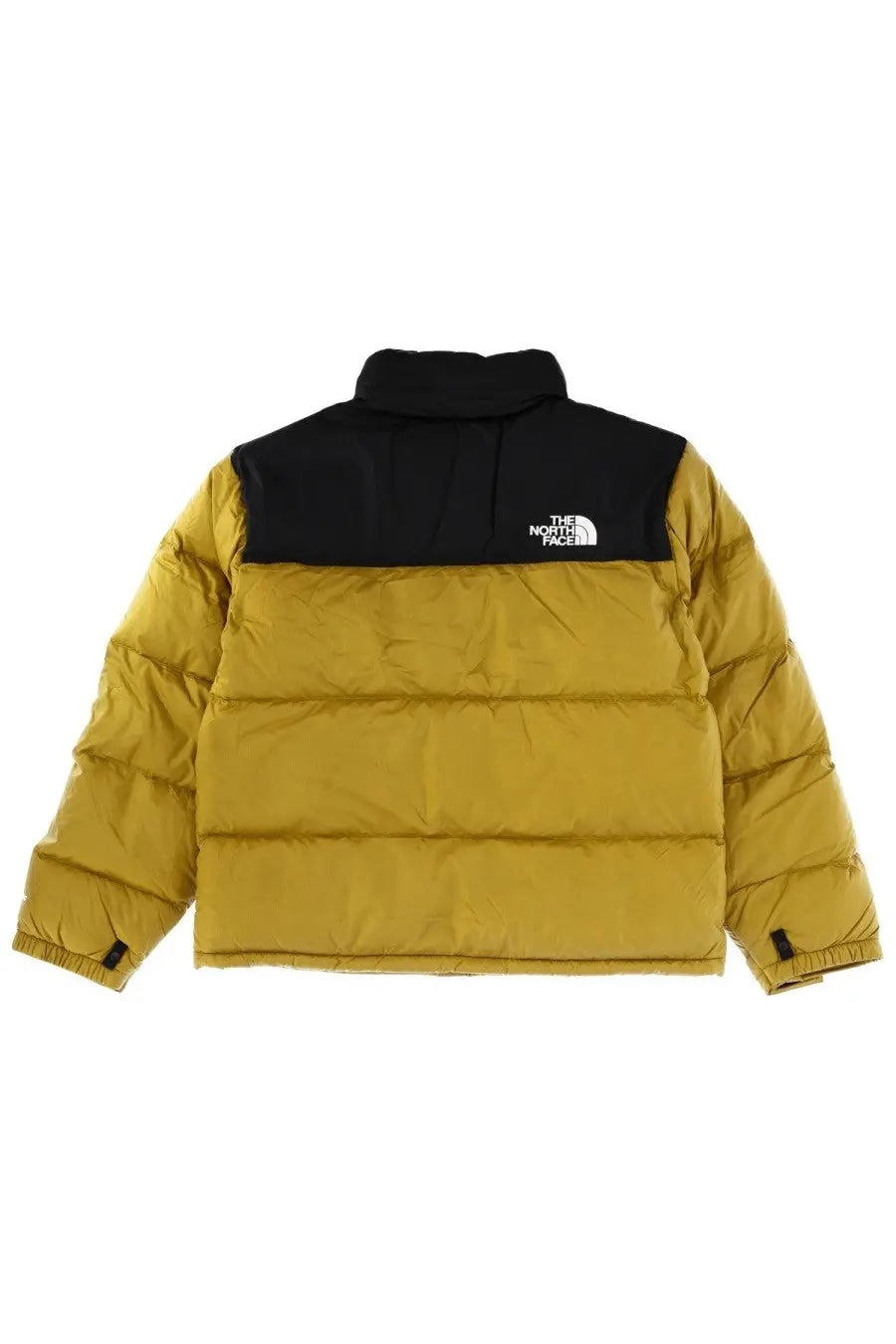 The north face men’s retro nuptse jacket in mustard yellow and black quilted puffer design shown from the back side