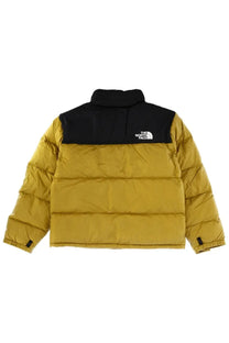 The north face men’s retro nuptse jacket in mustard yellow and black quilted puffer design shown from the back side