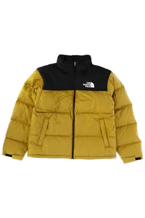 The north face men’s retro nuptse jacket is a mustard yellow and black quilted puffer jacket with logo on the chest