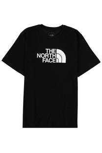 The North Face men’s black short sleeved t shirt with bold white logo across the chest in cotton material