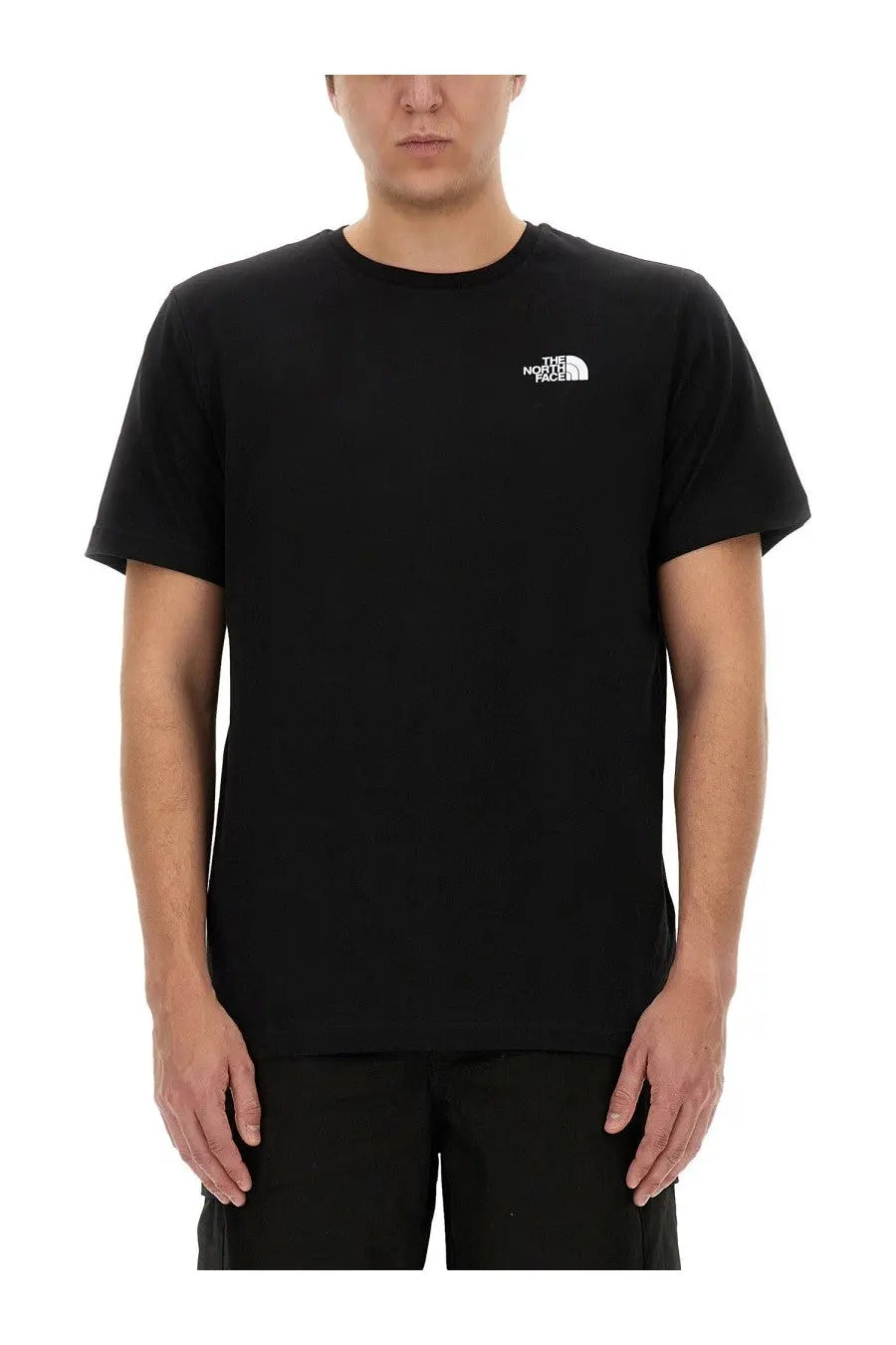 The North Face men’s black short-sleeved t-shirt with a white embroidered logo on the left chest