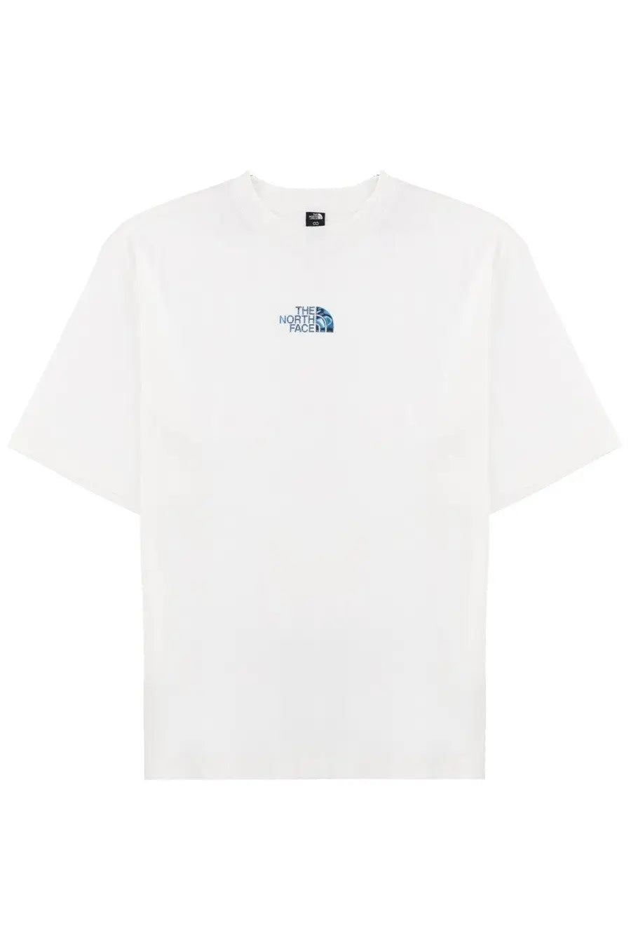 The North Face men’s white short-sleeved shirt with a small blue embroidered logo on the chest