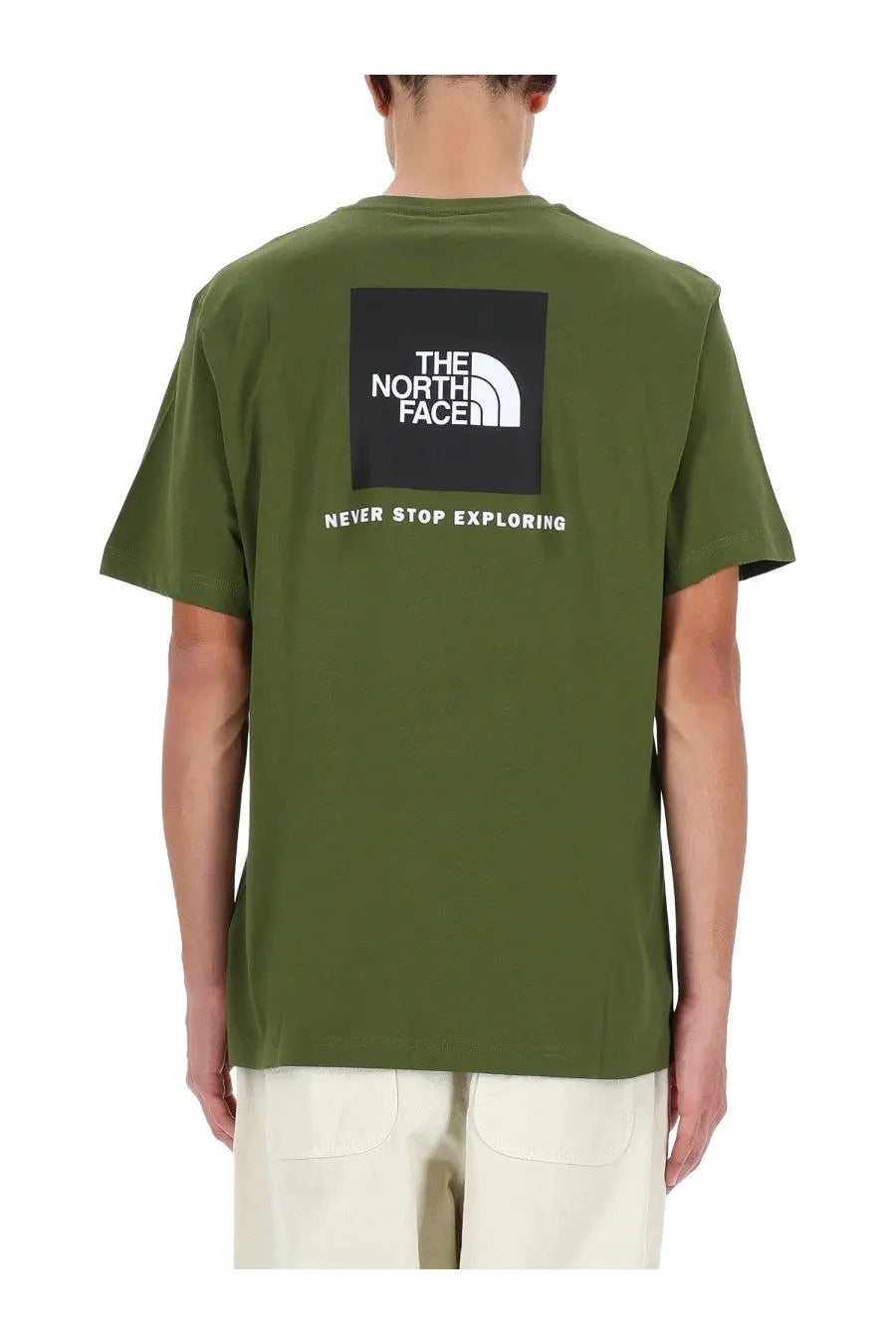 The north face men’s olive green short-sleeved t-shirt with black square logo and never stop exploring text