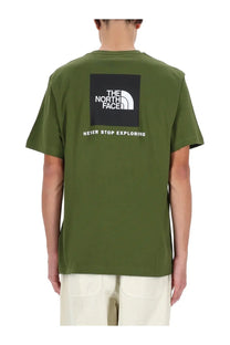 The north face men’s olive green short-sleeved t-shirt with black square logo and never stop exploring text
