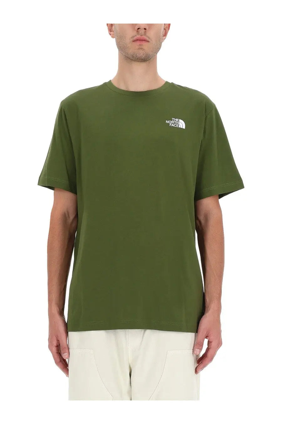 The north face men’s olive green short-sleeved t-shirt with a white embroidered logo on the left chest