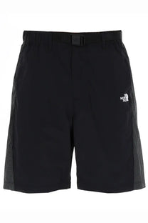 The north face men’s black shorts with contrasting gray grid side panels and a matching belt for outdoor use
