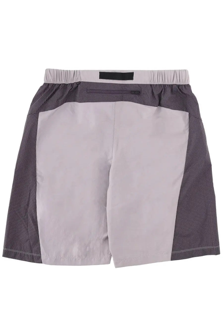 The North Face men’s gray checkered shorts with a solid light gray back panel and elastic waistband shown from the back