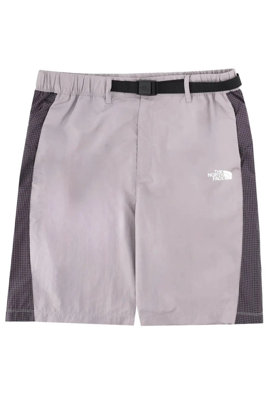 The north face men’s light gray shorts with dark grid side panels and black belt for outdoor use