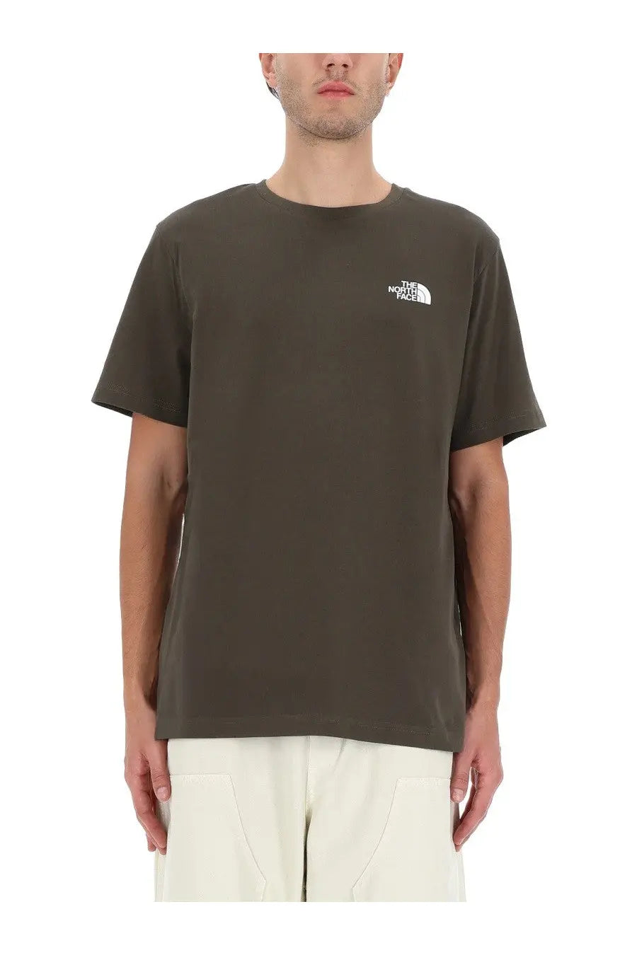 The North Face men’s simple dome olive green short-sleeved t-shirt with a white embroidered logo on the left chest