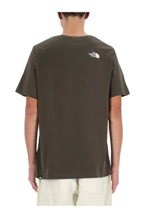 The back of an olive green The North Face men’s simple dome short-sleeved t-shirt with a white embroidered logo