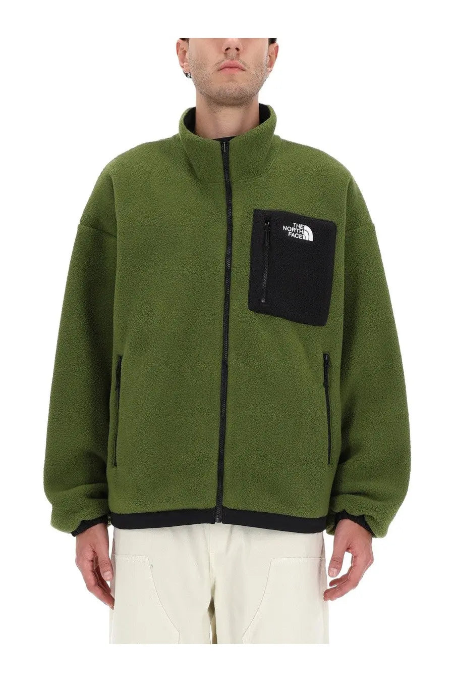 The north face men’s yumiori fleece jacket green features olive green fleece with black accents and a front logo pocket