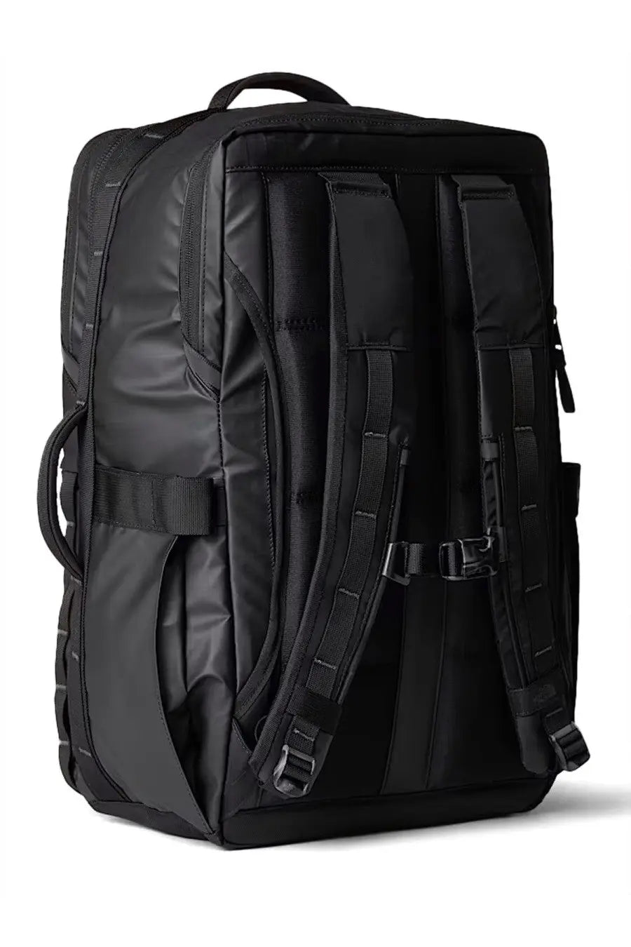 The north face unisex backpack base camp voyager large black showing reinforced stitching and adjustable shoulder straps