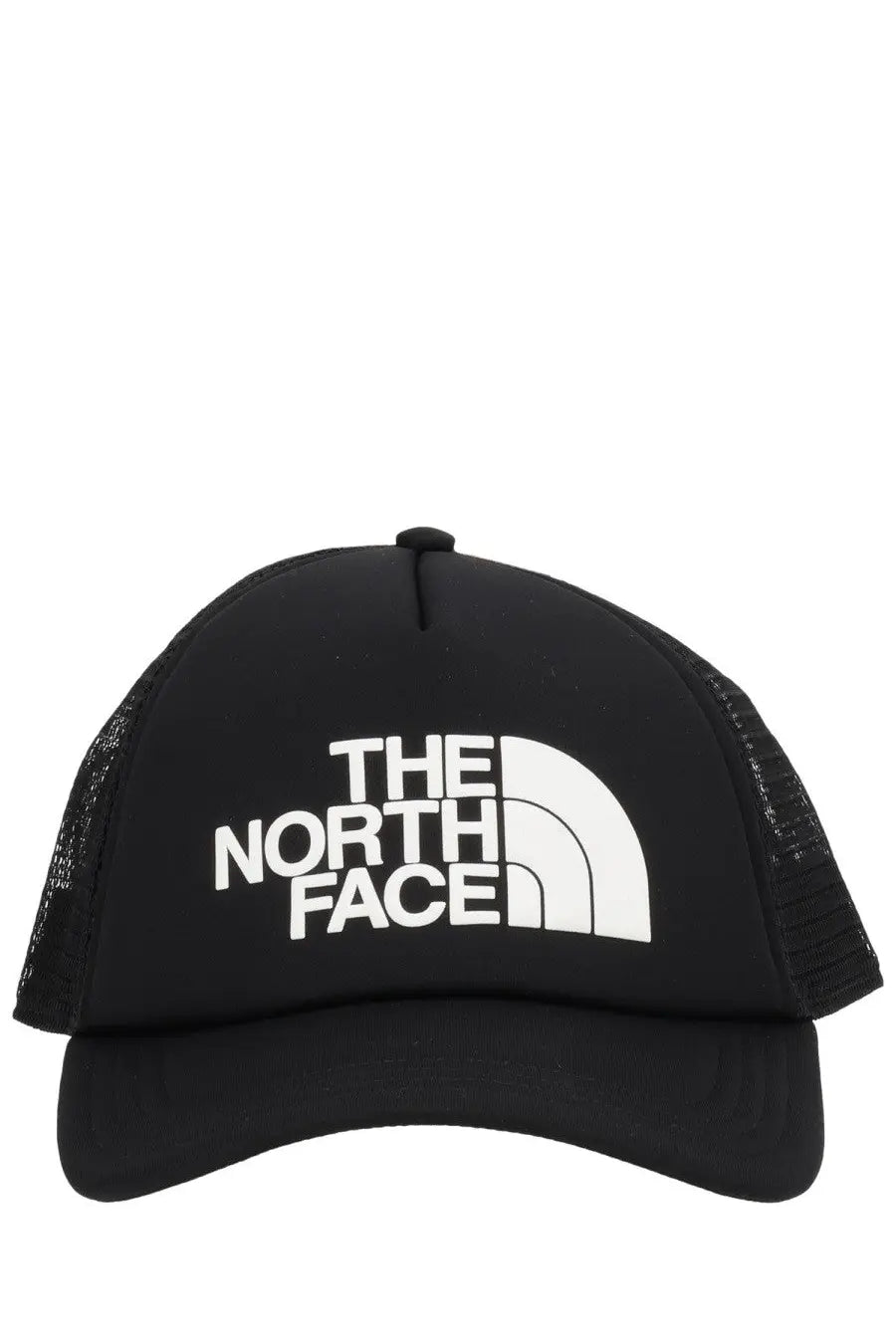 The north face unisex black mesh trucker hat with white logo and arc emblem designed for casual wear