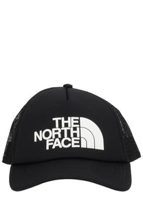The north face unisex black mesh trucker hat with white logo and arc emblem designed for casual wear
