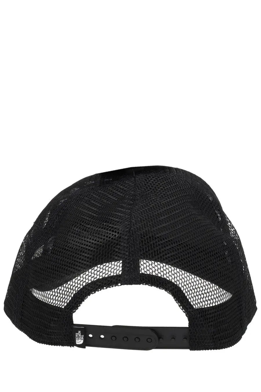 The north face unisex baseball hat black with black mesh, white accent stripes, and adjustable strap with logo visible from back