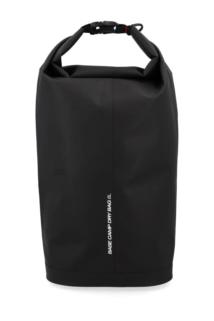 The North Face unisex base camp dry bag black with roll-top closure and white vertical text branding