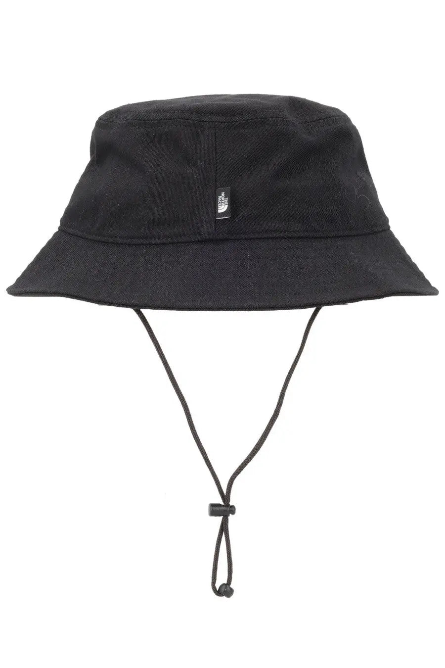 The North Face unisex black canvas bucket hat with adjustable drawstring chin strap and logo patch