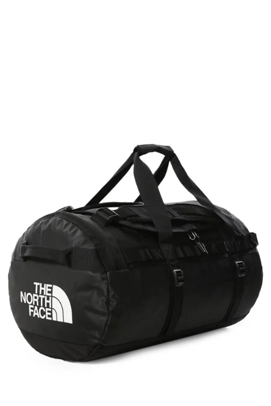 Black the north face unisex duffel bag with white logo and reinforced straps for durable base camp use