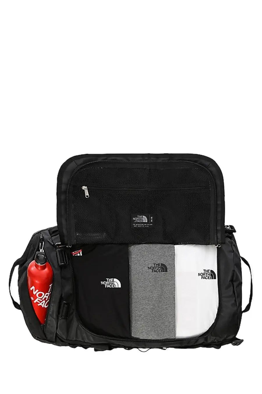 The north face unisex duffel bag black with side pocket and red water bottle ideal for base camp use