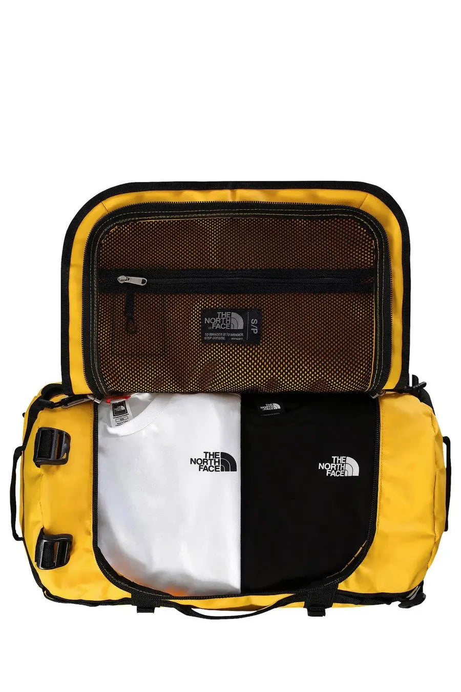The north face unisex yellow duffel bag with black trim and mesh interior compartments for organized storage