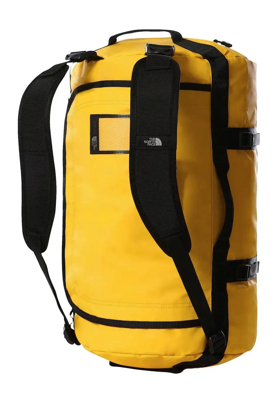 Bright yellow The North Face unisex Base Camp duffel bag with black straps and reinforced stitching