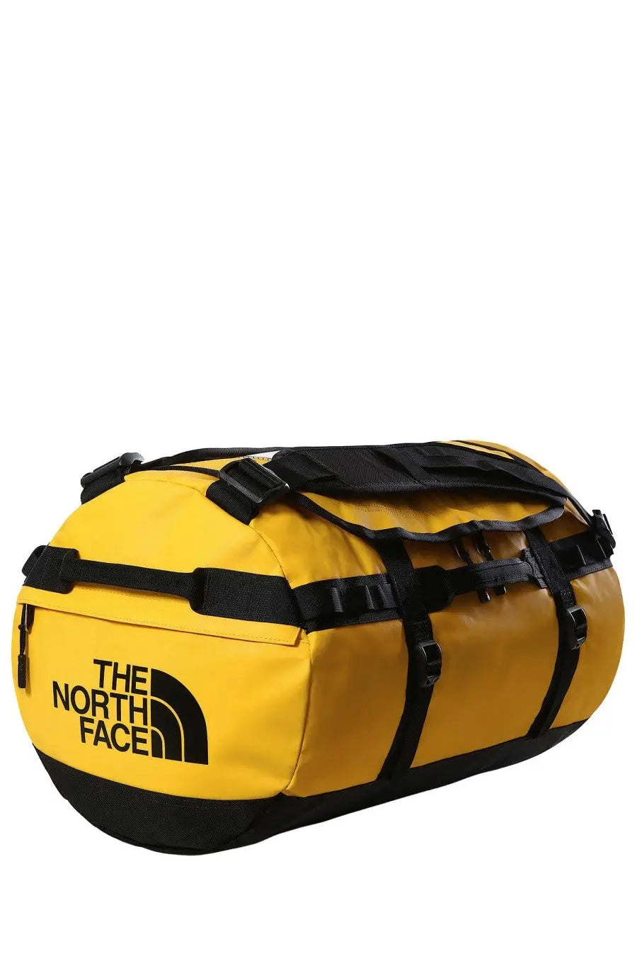 The north face unisex duffel bag in bright yellow and black with reinforced straps and a bold logo