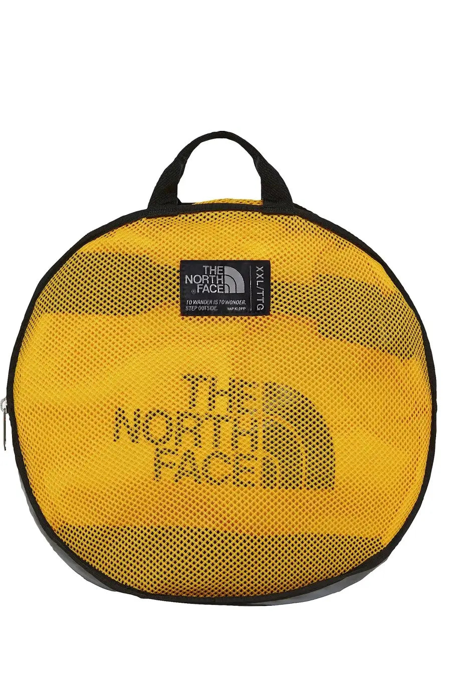 The north face unisex duffel bag in bright yellow mesh with black trim and the north face logo