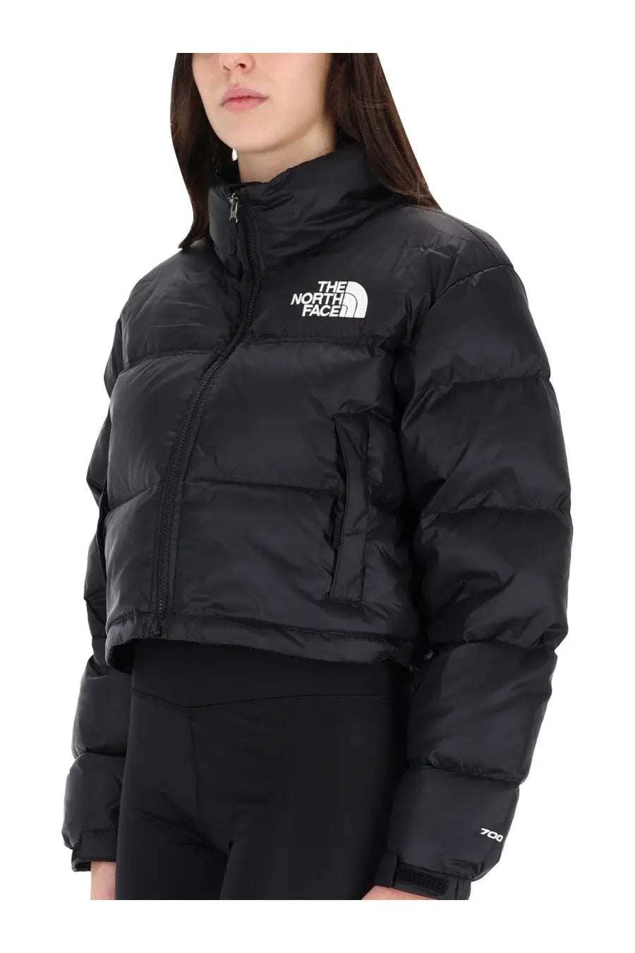 The north face women’s jacket nuptse black black puffer jacket with quilted design and white logo on the chest