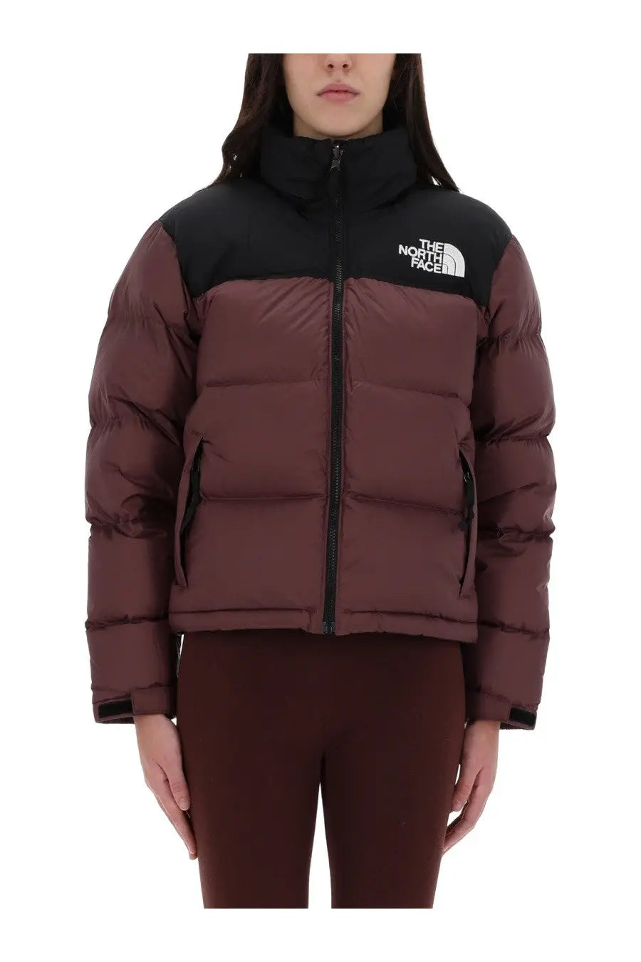 The north face women’s retro nuptse jacket brown two-tone puffer with black shoulders and maroon body panels