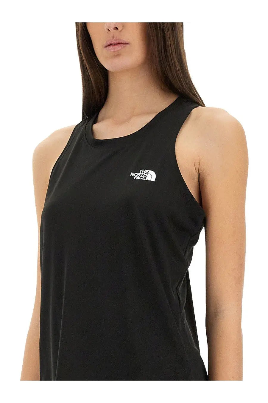 The North Face women’s black sleeveless tank top with a white embroidered logo on the left chest