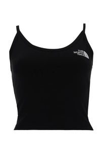 The north face women’s black slim crop tank top with a white logo on the upper left side for active wear