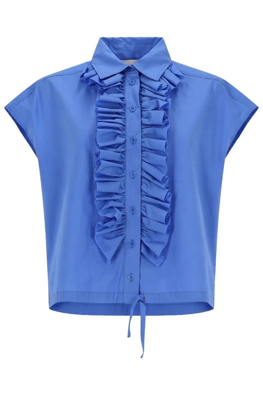 Nude women’s blue short-sleeved camicia with ruffled front panel and tie hem perfect for casual wear