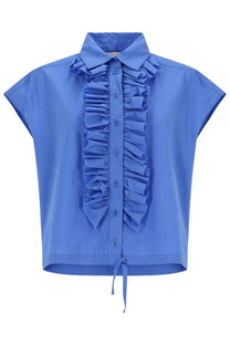 Nude women’s blue short-sleeved camicia with ruffled front panel and tie hem perfect for casual wear