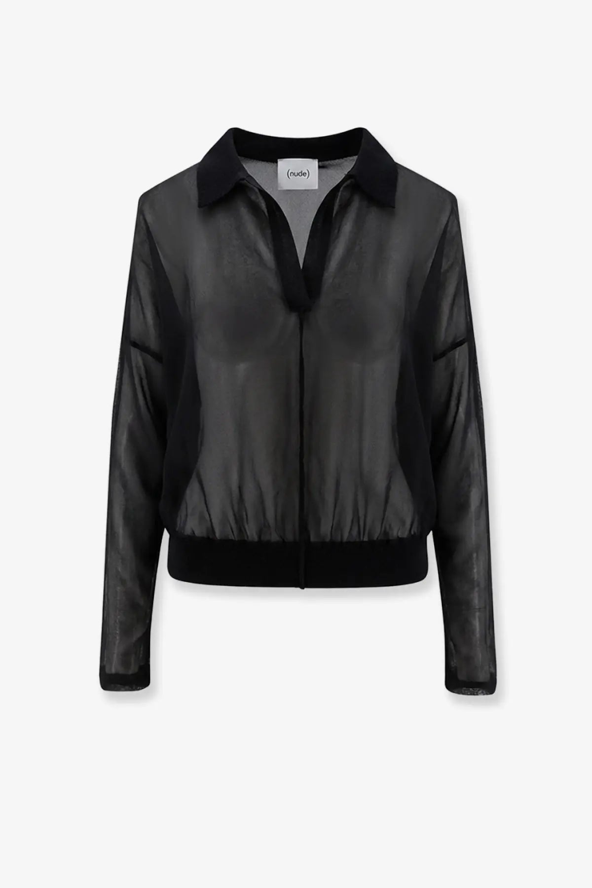Black sheer bomber jacket with solid black collar and cuffs paired with nude women’s cotton blend polo shirt black