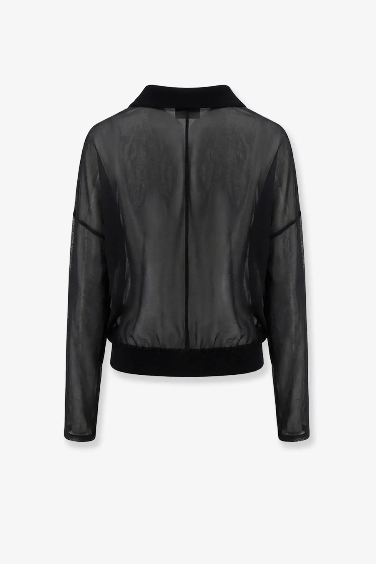 Black sheer bomber jacket with solid black collar and cuffs paired with nude women’s cotton blend polo shirt black