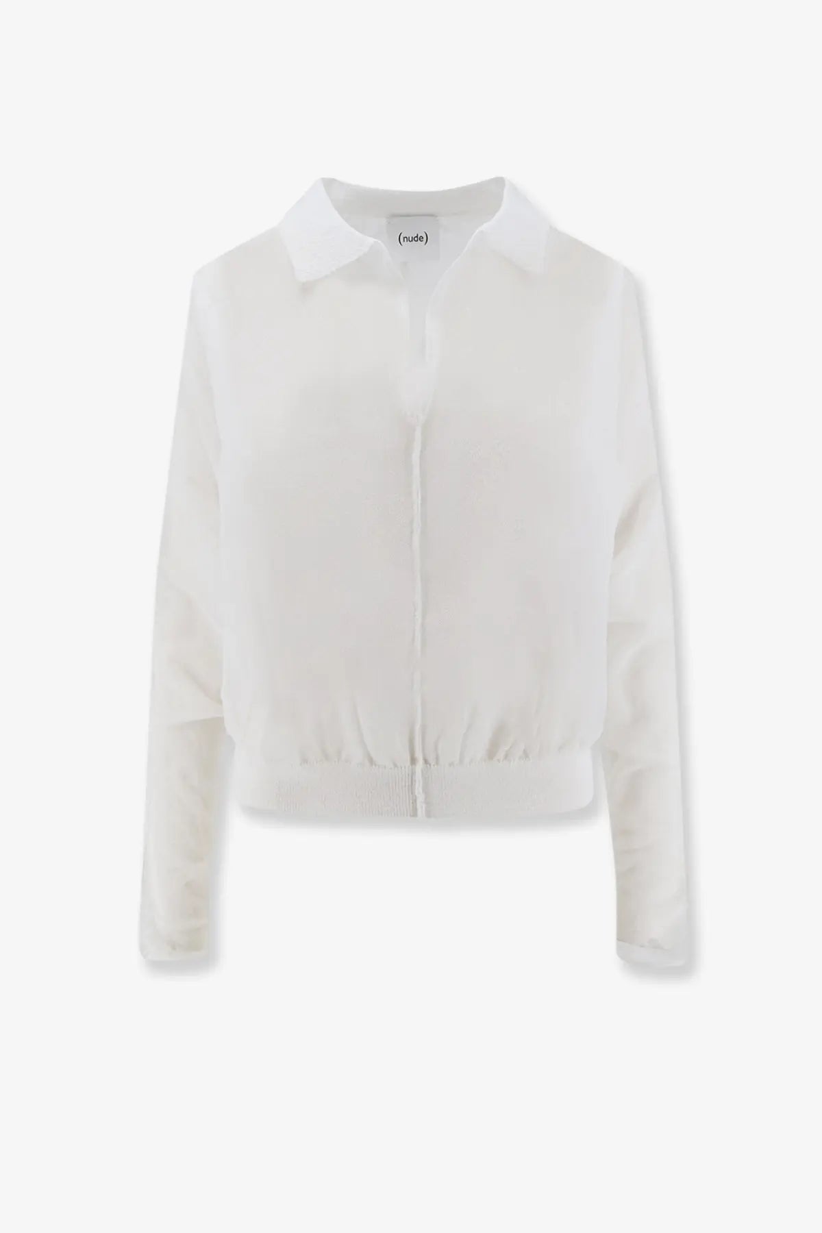 White sheer blouse with classic collar and elasticated cuffs made from cotton blend for womens casual wear