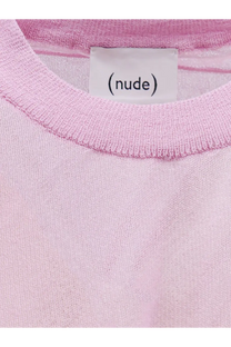 A soft pink nude women’s cotton blend shirt featuring a ribbed neckline and a white label on the front