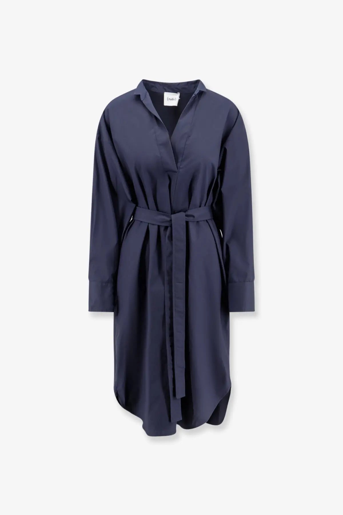 Nude women’s navy blue cotton long-sleeved belted shirt dress with collar and button-down front