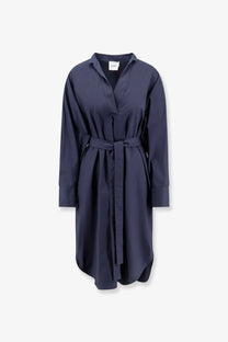 Nude women’s navy blue cotton long-sleeved belted shirt dress with collar and button-down front