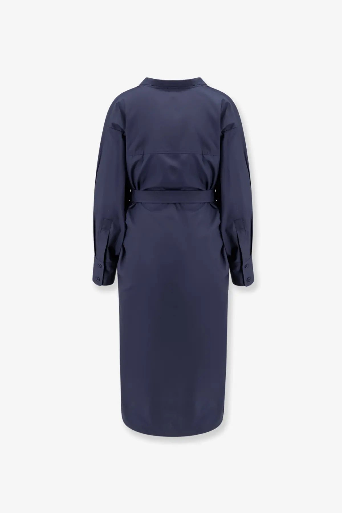 Navy blue cotton trench coat with belted waist and long sleeves for women shown from the back