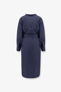Navy blue cotton trench coat with belted waist and long sleeves for women in nude and blue collection