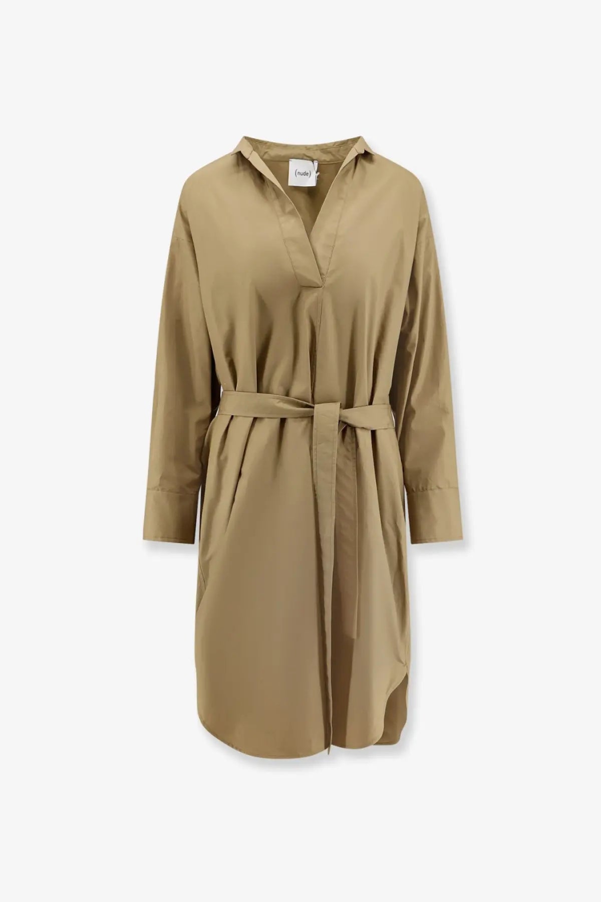 Beige long sleeve belted cotton shirt dress with collar for women in nude green collection