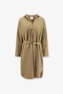 Beige long sleeve belted cotton shirt dress with collar for women in nude green collection