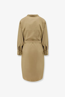 Beige cotton trench coat dress with long sleeves and belted waist shown in nude women’s cotton dress green product