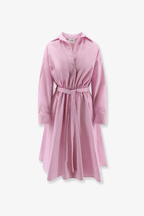 A soft pink cotton polo shirt dress with long sleeves collar button front and elasticated waist belt for women