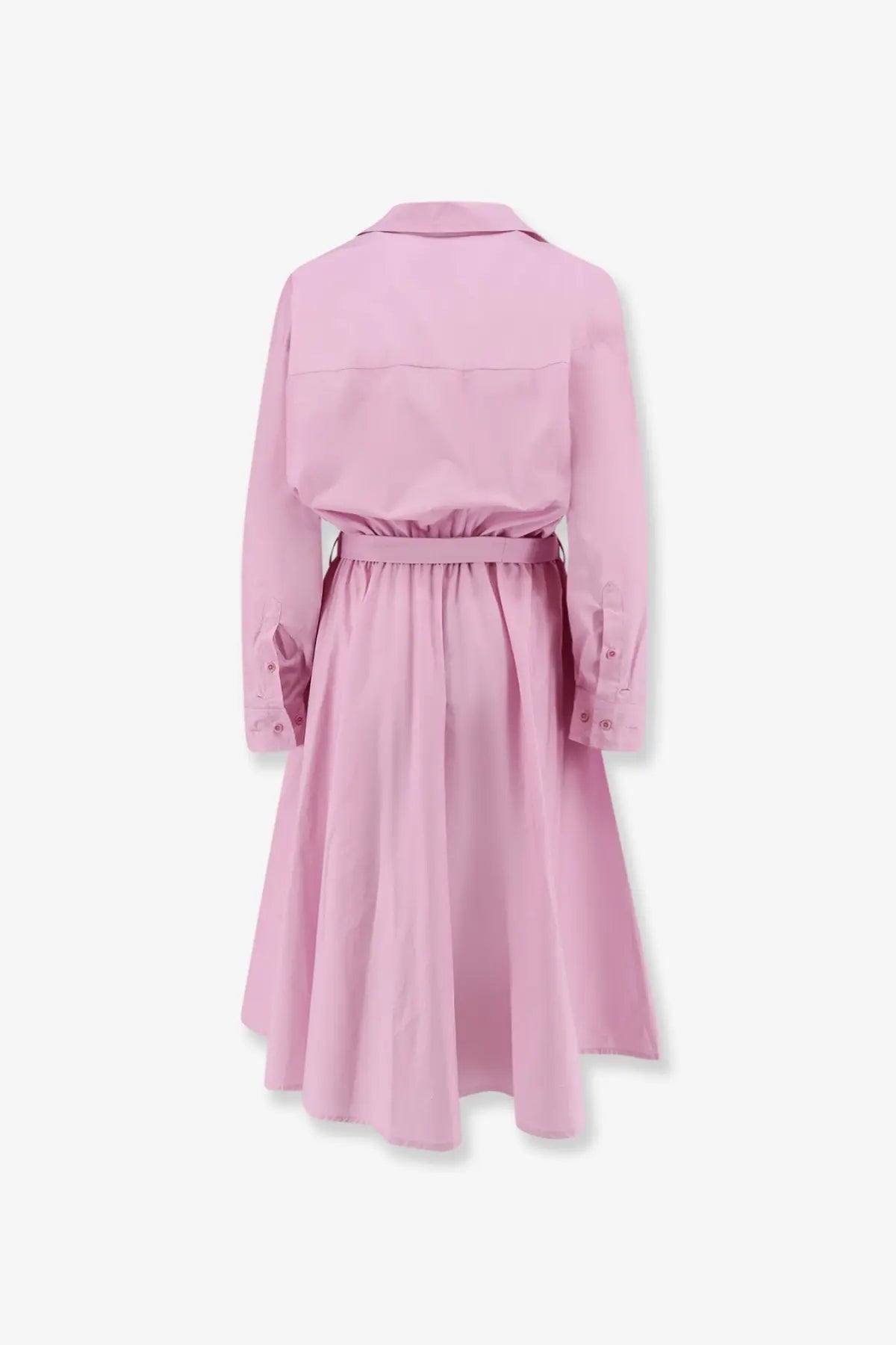 A soft pink cotton trench coat dress with long sleeves and a belted waist for women