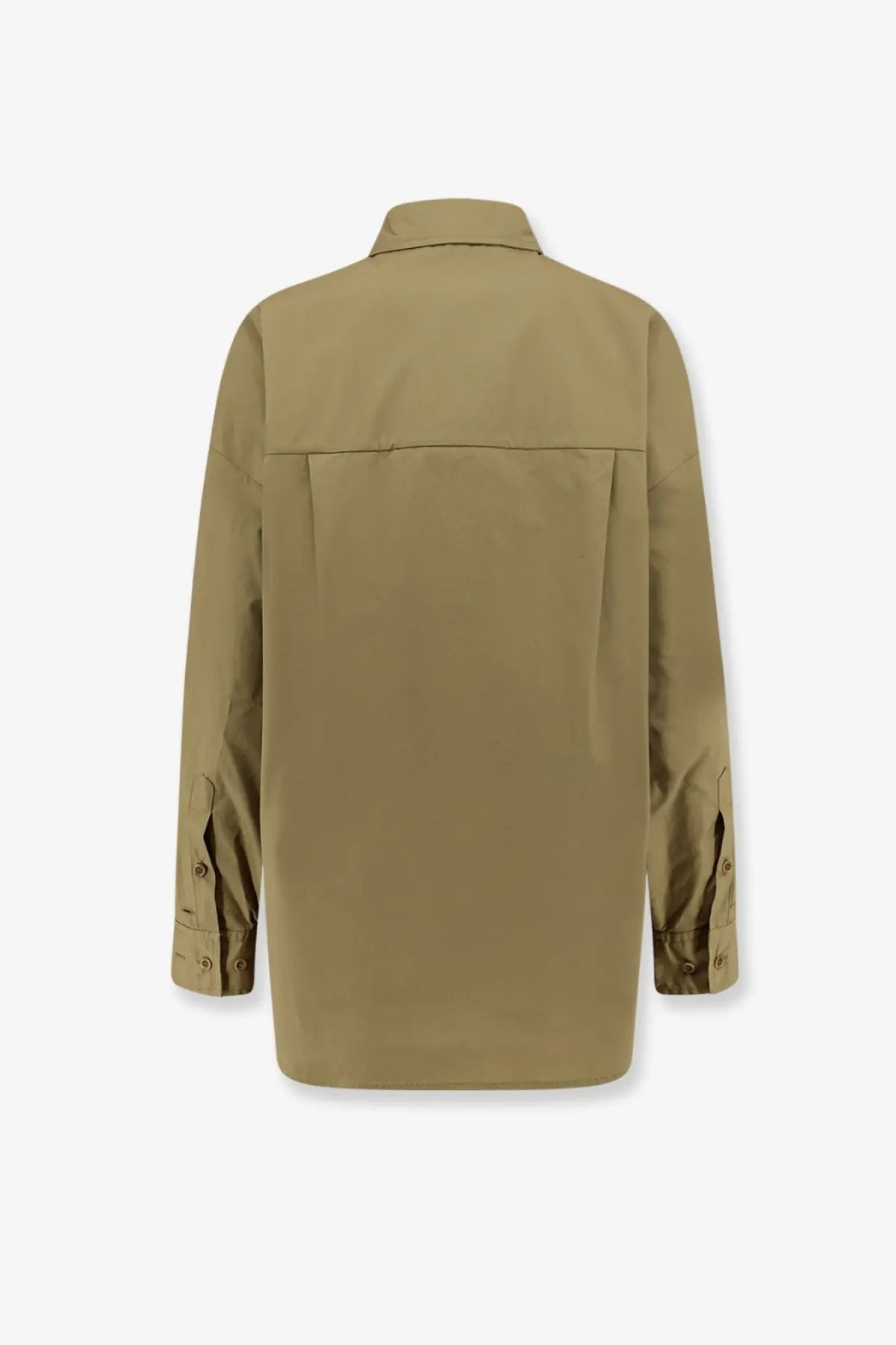 Nude women’s khaki cotton shirt showing the back with long sleeves, button-up style, and subtle seam detailing