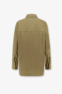 Nude women’s khaki cotton shirt showing the back with long sleeves, button-up style, and subtle seam detailing