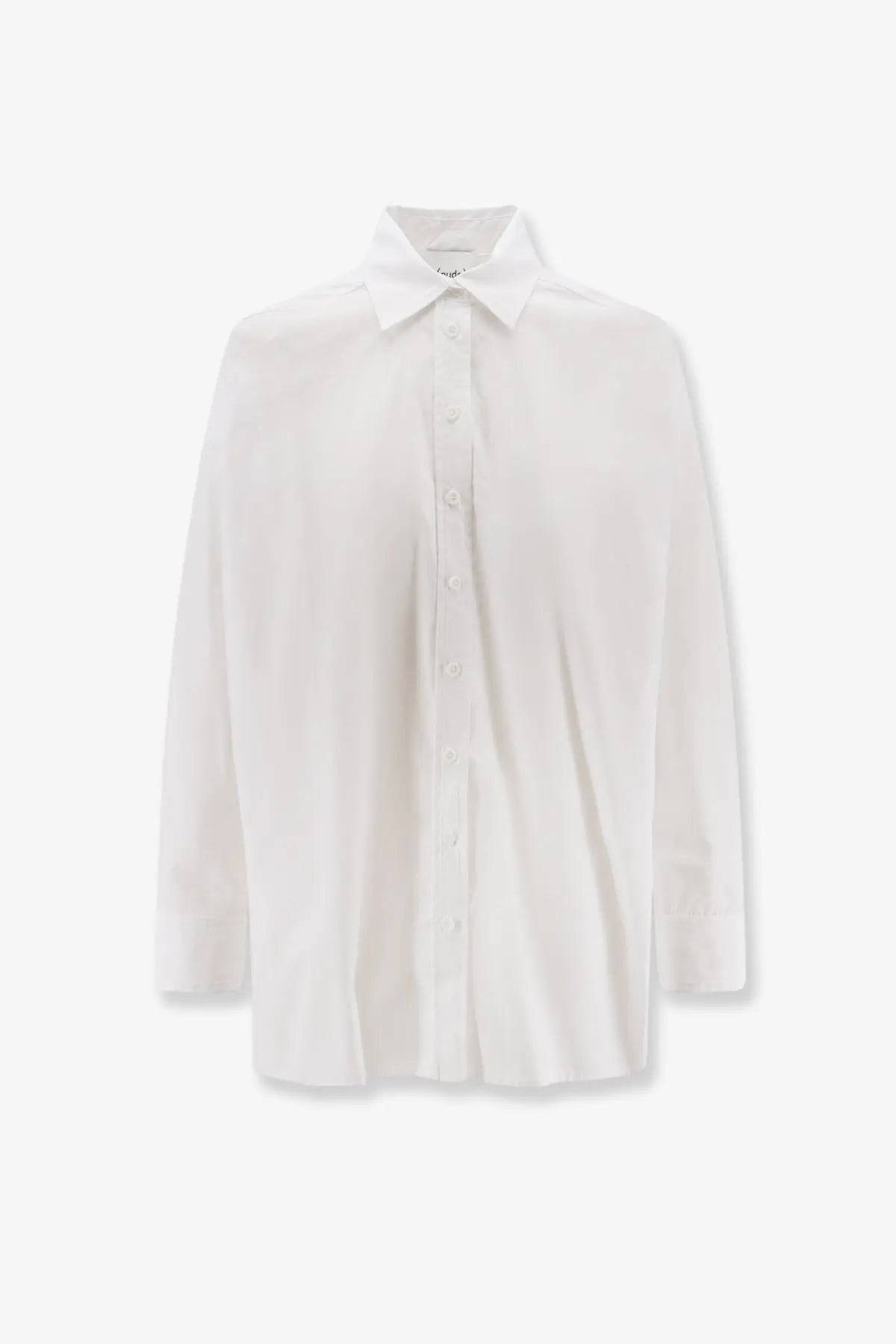 Nude women’s white cotton shirt with a minimalist design, crisp collar, and lightweight long sleeves