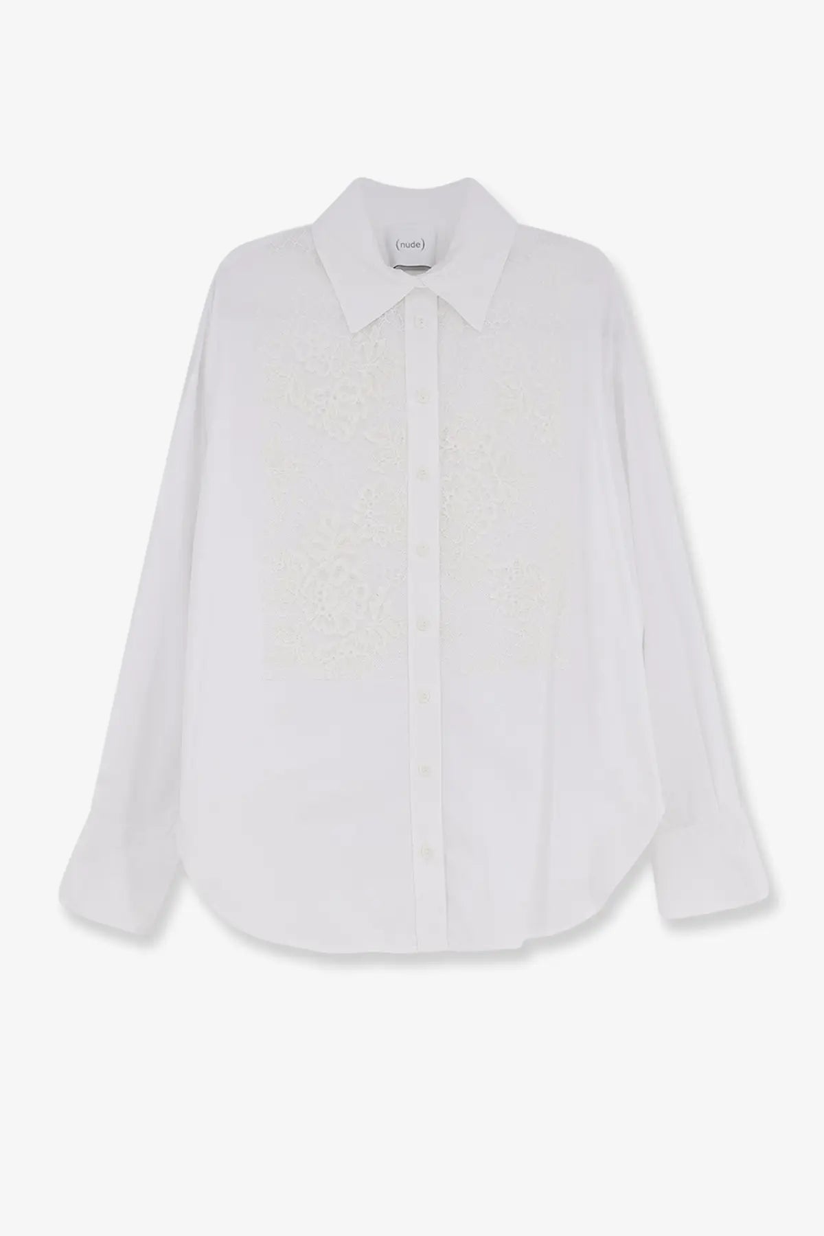 Nude women’s white cotton shirt with a minimalist button-up design and subtle textured pattern with classic collar
